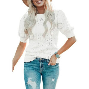 Women's White Acrylic  Soft Lightweight Puff Short Sleeve Pullover Knit Blouse